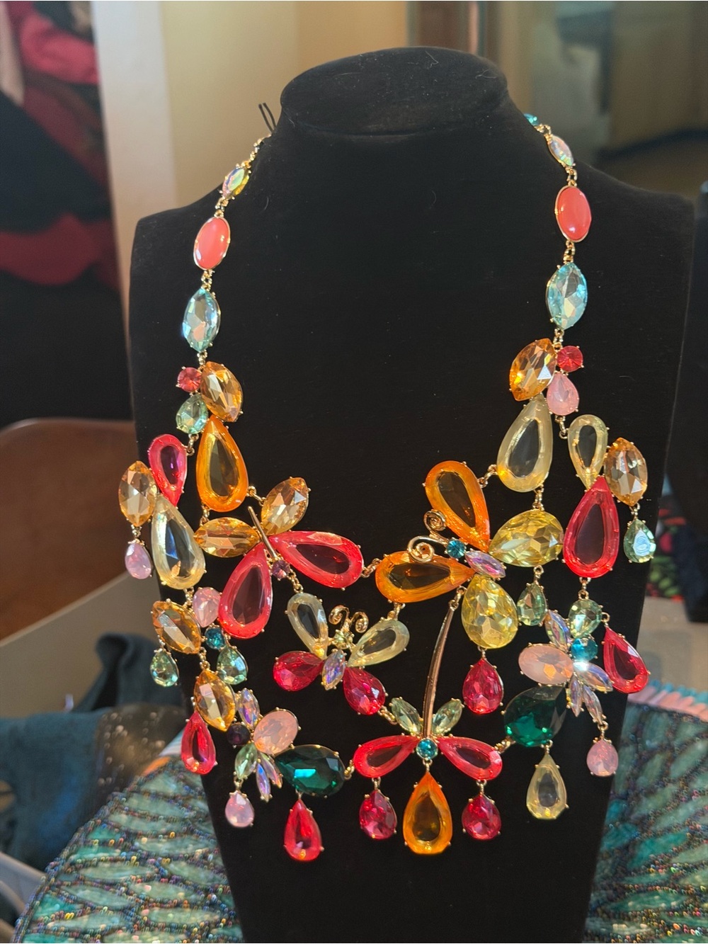 Colorful Black b Necklace with Butterflies & Rhinestones